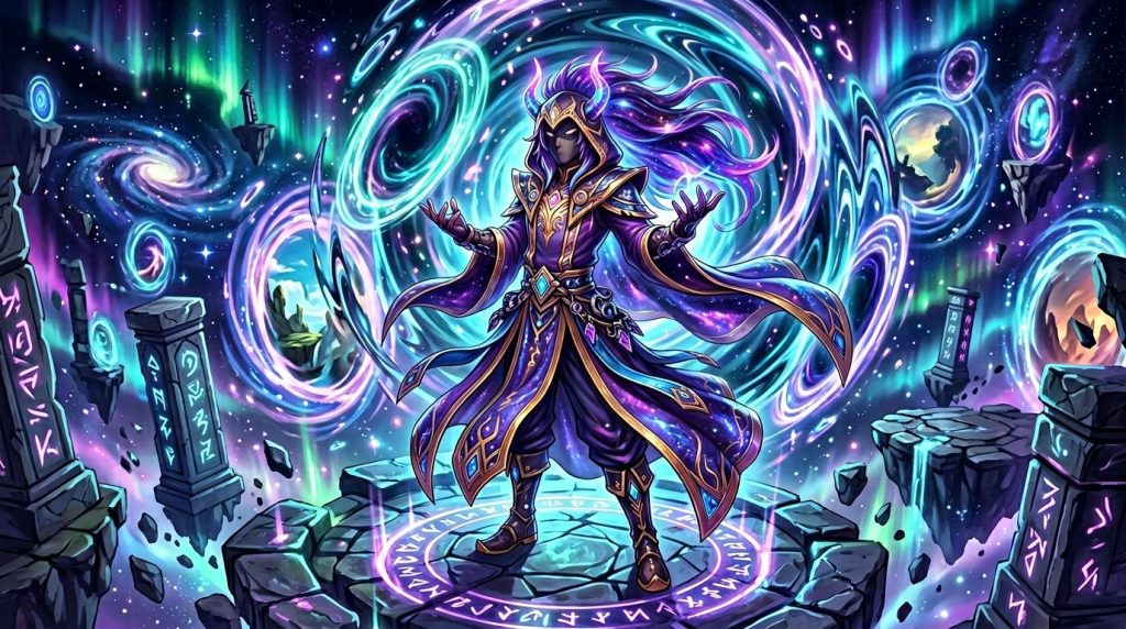 Mage en armure dorée entouré d'énergie magique bleue et violette