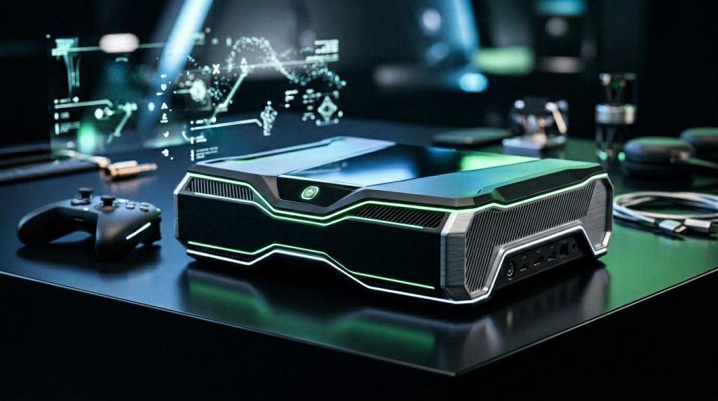 Console de jeu futuriste avec interfaces holographiques et équipements gaming