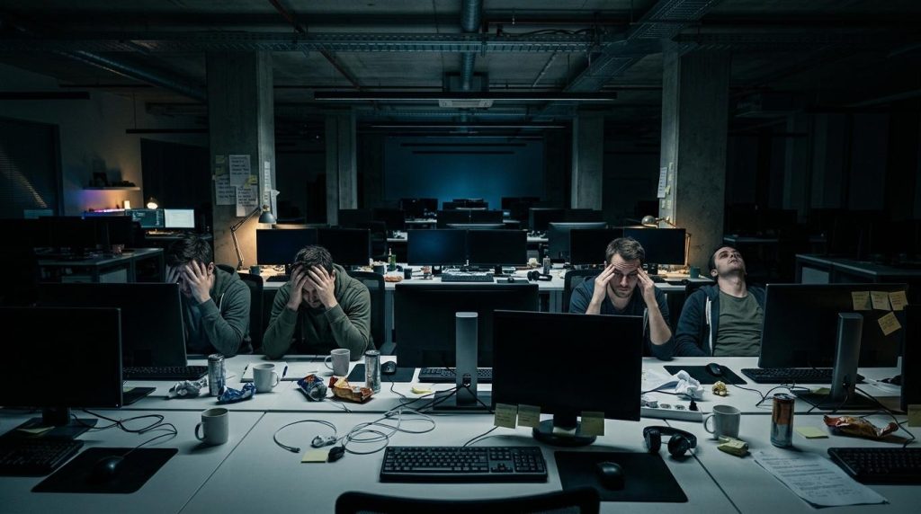 Quatre développeurs épuisés travaillant tard dans un bureau sombre