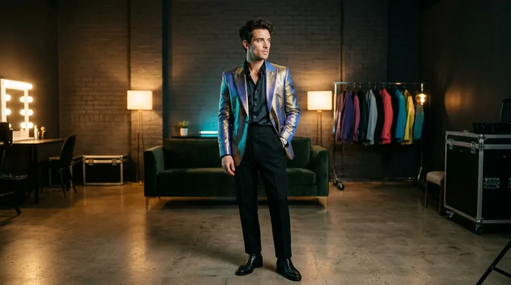 Homme en blazer irisé posant dans un studio de mode