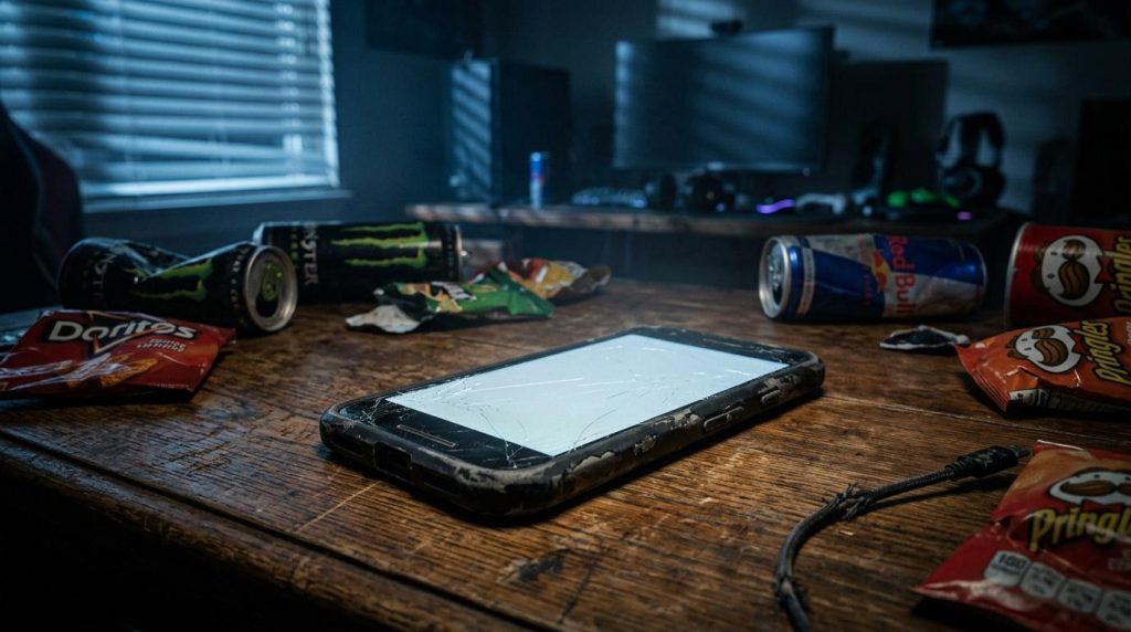 Smartphone cassé sur table en bois avec canettes vides