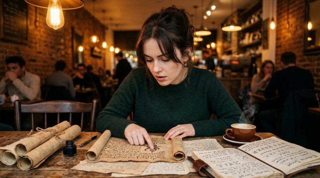 Jeune femme écrivant à la main dans un café historique
