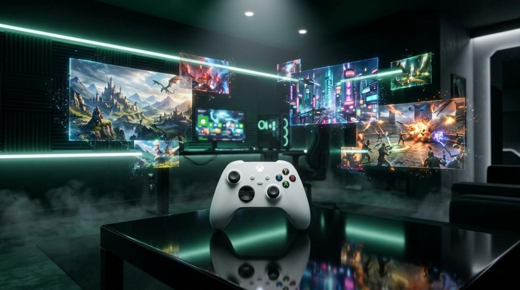 Manette Xbox blanche entourée d'écrans affichant jeux vidéo