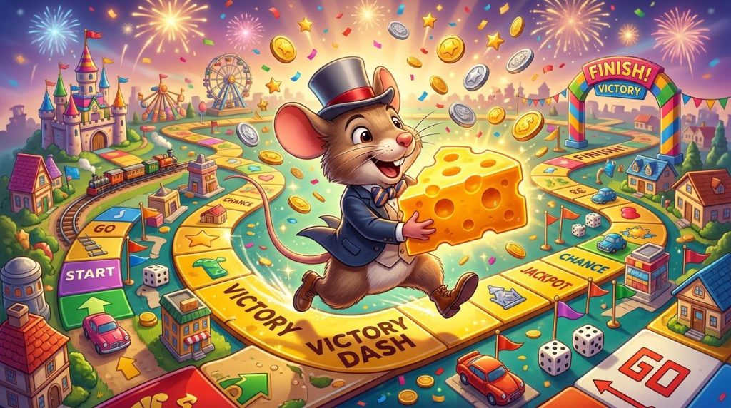 Souris avec fromage gagnant sur plateau de jeu coloré