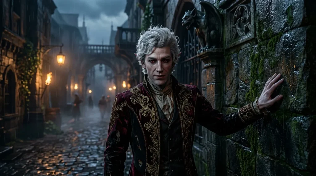 Homme élégant en manteau bordeaux dans une ruelle médiévale humide