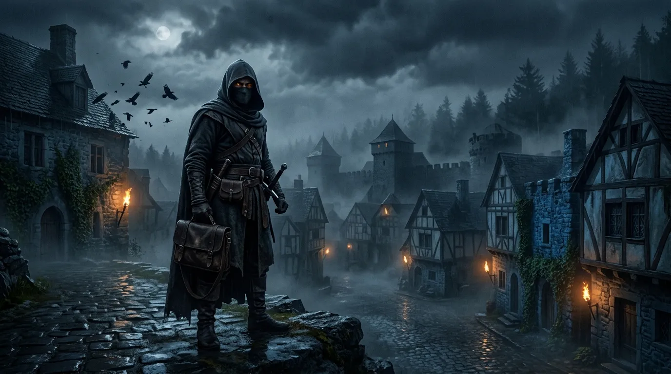 Figure encapuchonnée armée dans village médiéval brumeux nocturne