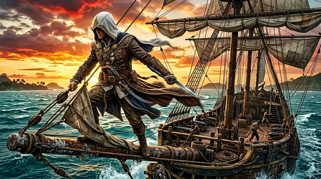 Assassin en tenue médiévale naviguant sur un voilier au coucher soleil