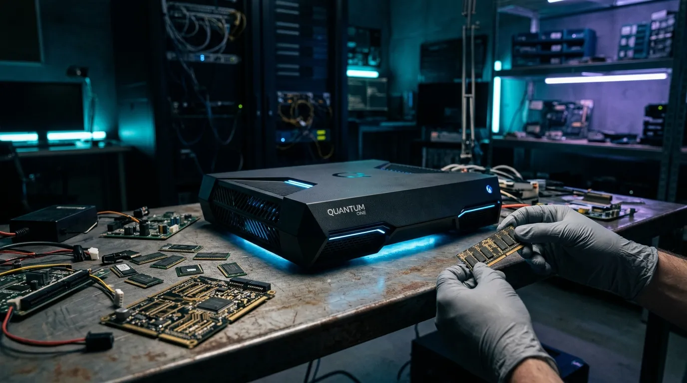 Technicien assemblant composant électronique Quantum dans lab futuriste