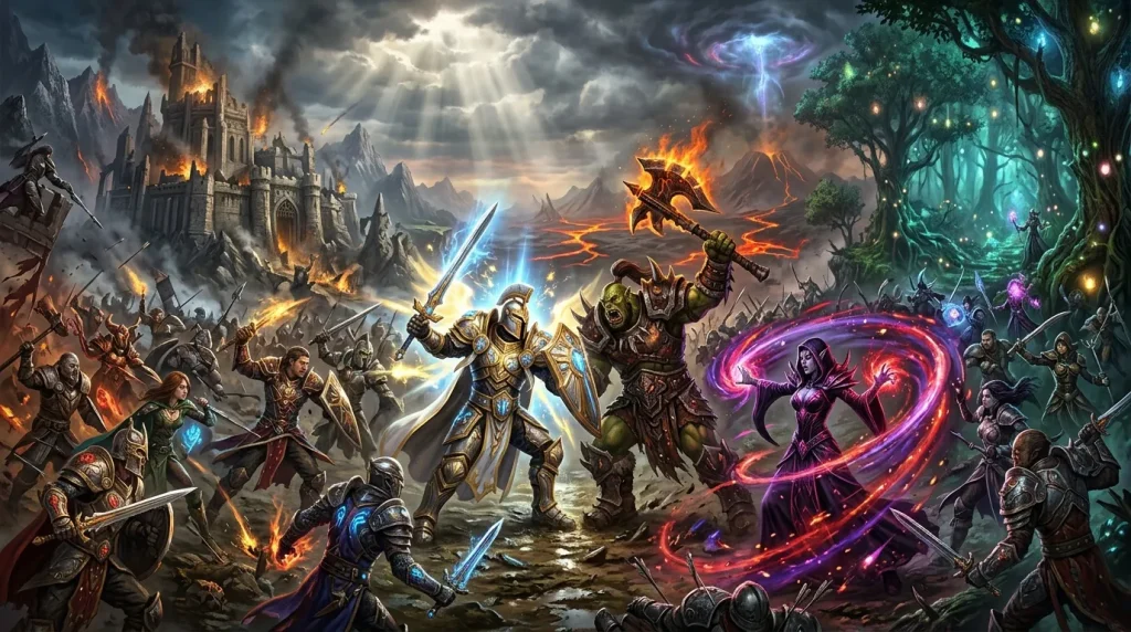 Guerriers affrontant des forces magiques sombres et lumineuses