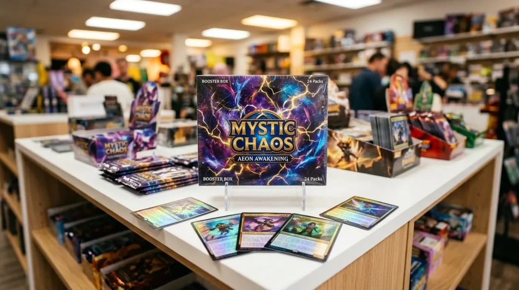 Display de cartes Mystic Chaos Aeon Awakening dans magasin spécialisé