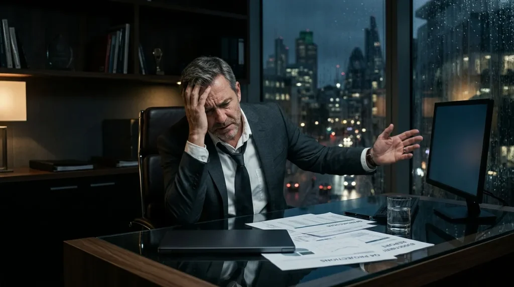 Homme d'affaires frustré travaillant tard au bureau avec vue urbaine