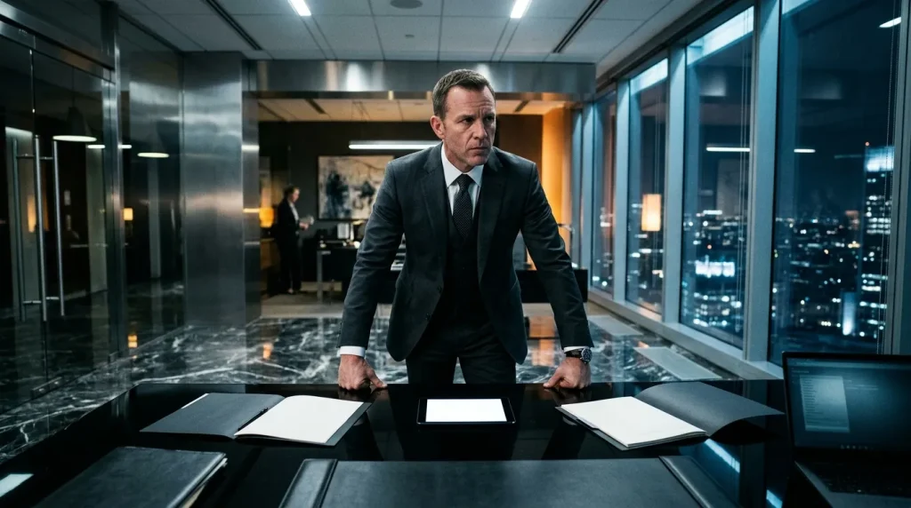 Homme en costume noir dans bureau moderne au sommet d'immeuble