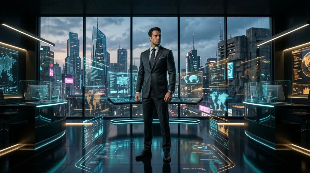 Homme en costume noir dans un centre de contrôle technologique ultramoderne