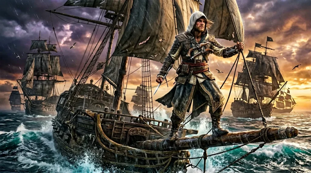 Pirate commandant son navire sur l'océan tempétueux