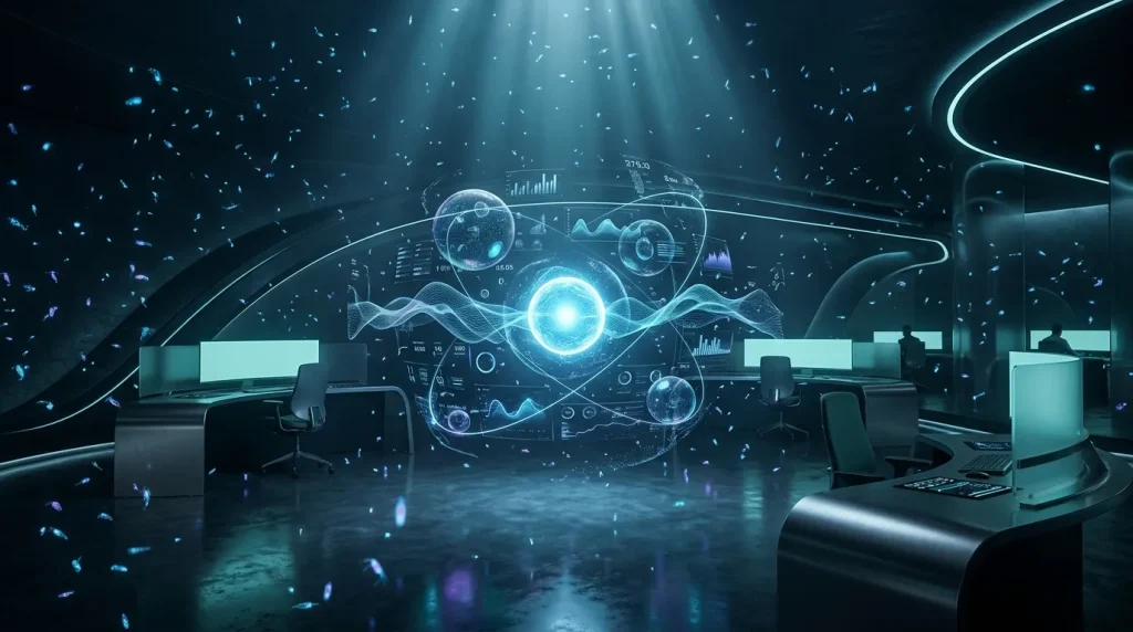 Bureau futuriste avec hologrammes de données et visualisations numériques