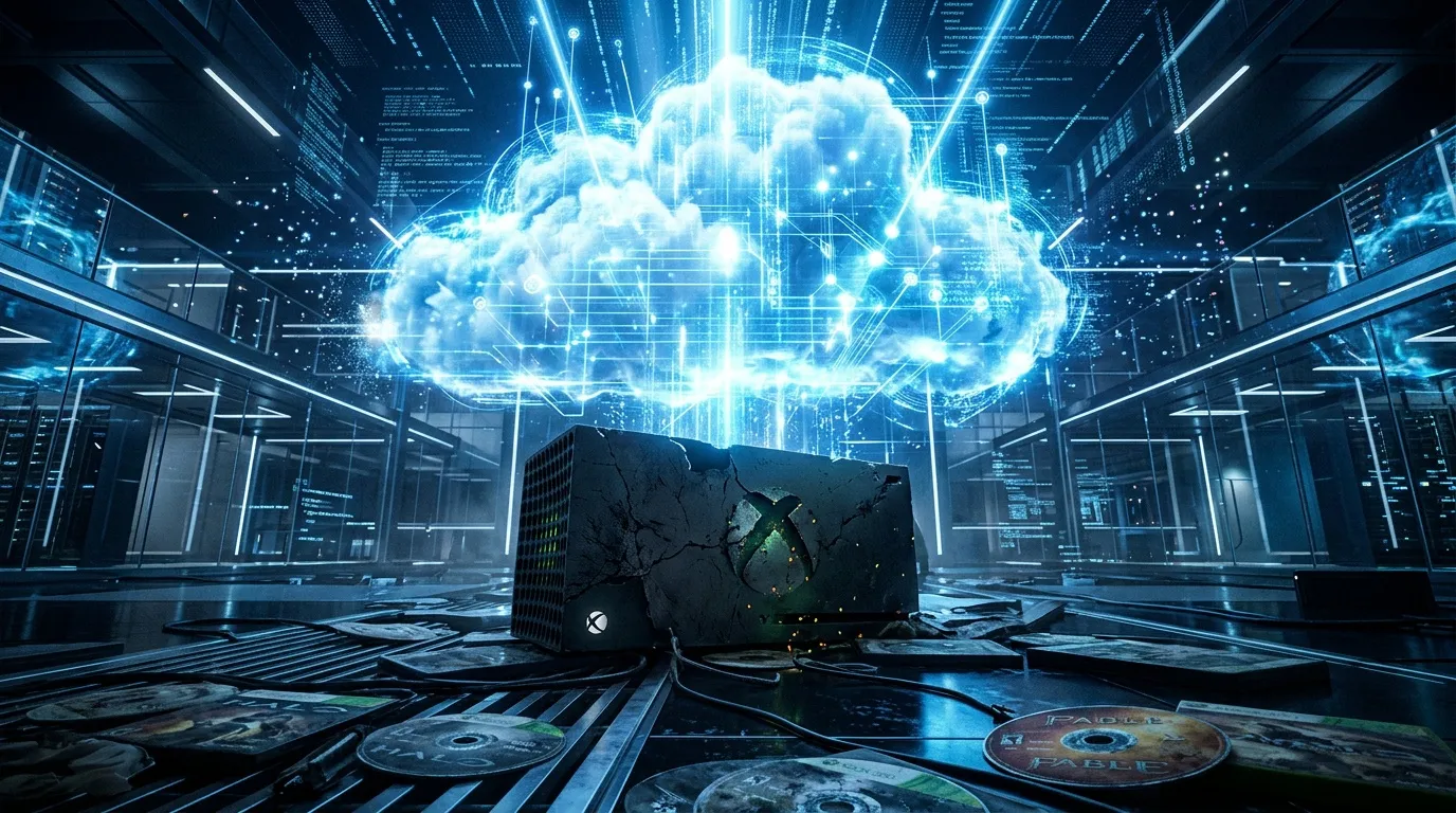 Serveur Xbox dans centre données avec nuage luminescent bleu