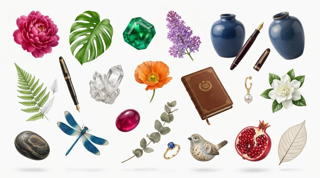 Fleurs, gemmes, bijoux, livres et objets décoratifs variés