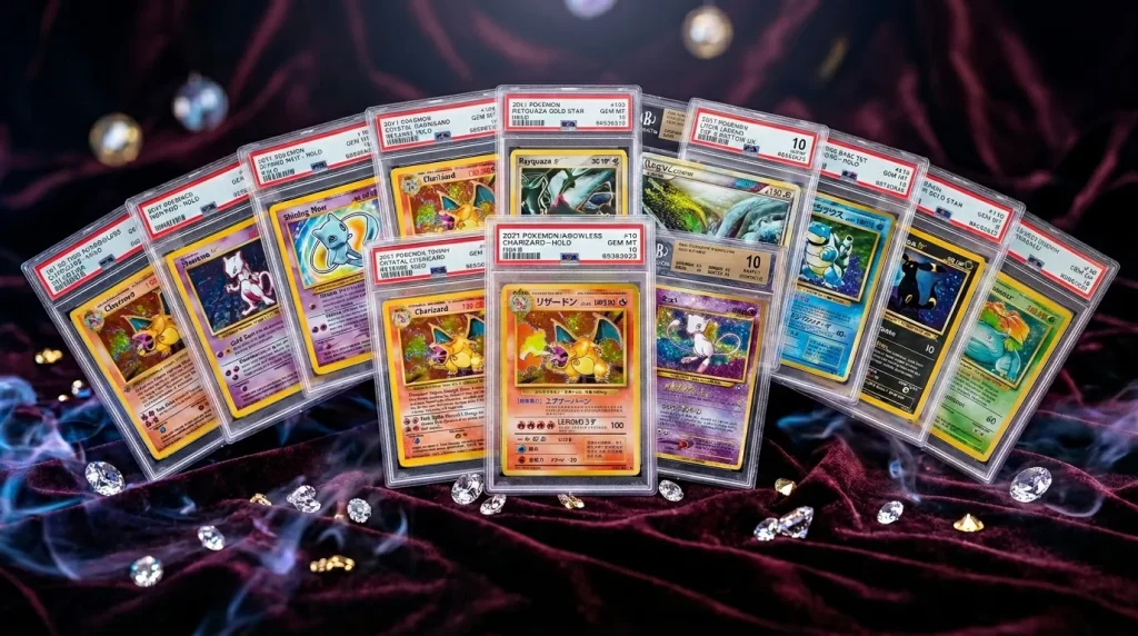 Cartes Pokémon certifiées PSA exposées sur velours pourpre