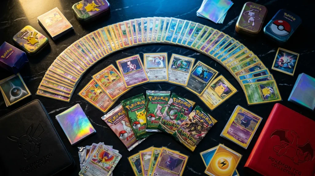 Cartes Pokémon, boîtes, accessoires et boosters disposés sur surface noire