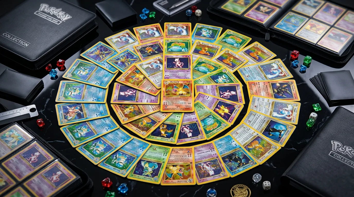 Cartes Pokémon arrangées en cercle avec accessoires collectionneurs