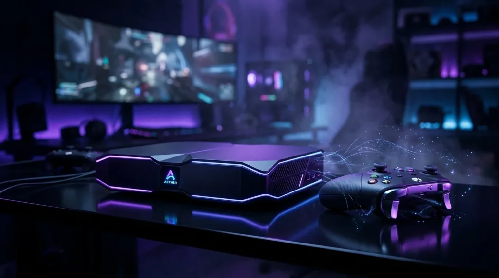 Station gaming avec contrôleur et appareil Aether illuminé