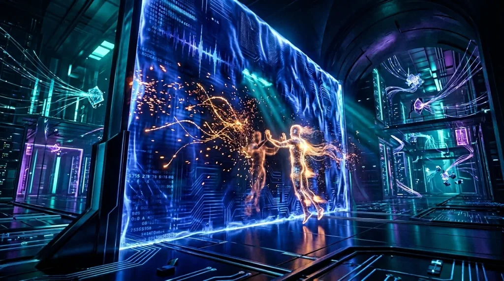 Deux figures holographiques dorées interagissent dans environnement technologique néon