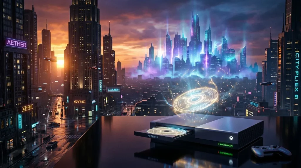 Xbox futuriste dans ville cyberpunk illuminée néons