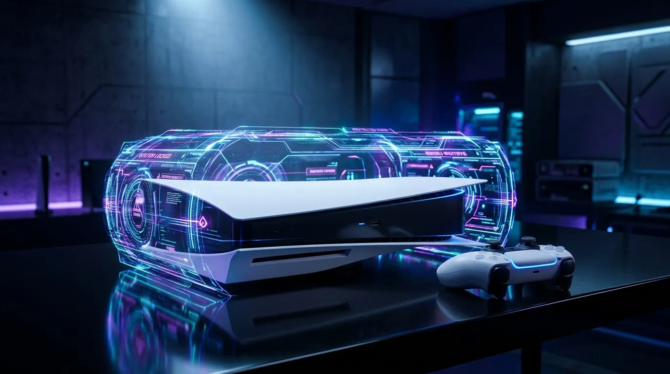 Console de jeu blanche avec hologramme néon bleu-violet