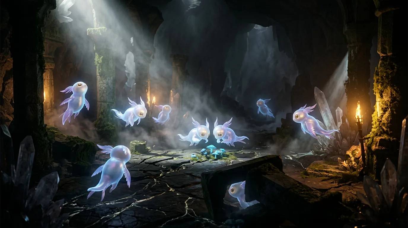 Créatures fantastiques brillantes flottant dans une caverne souterraine mystérieuse
