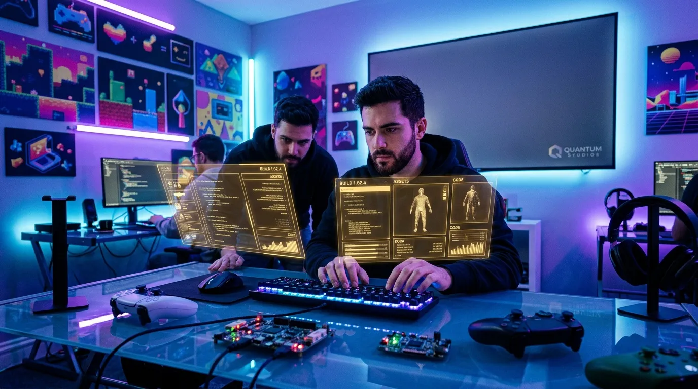 Deux développeurs travaillent sur interface holographique futuriste