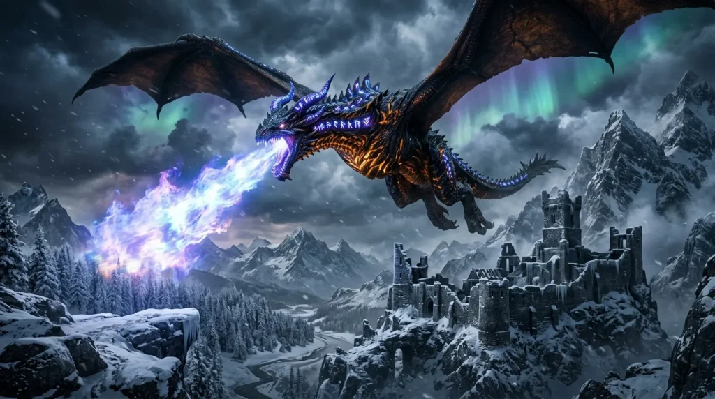 Dragon bleu et or crachant du feu magique sur château enneigé