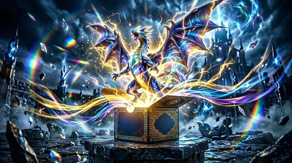 Dragon électrique multicolore jaillissant d'un coffre doré mystique