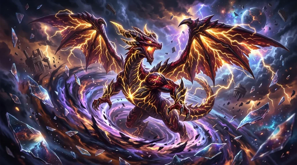 Trois dragons enflammés entourés d'éclairs et de magie