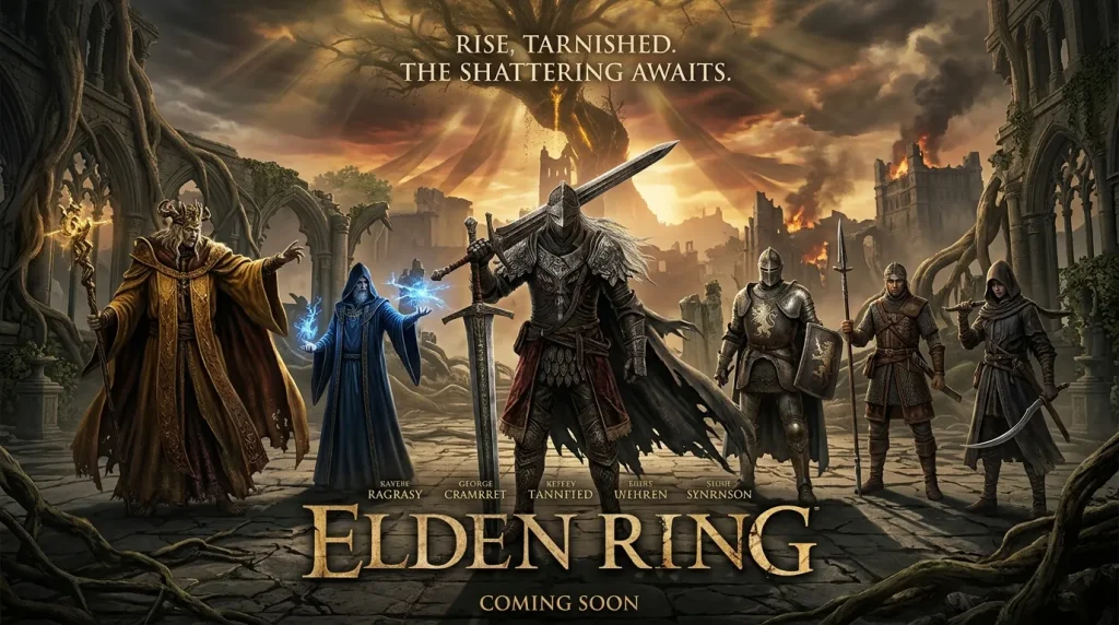 Guerriers et magiciens fantastiques dans ruines enflammées