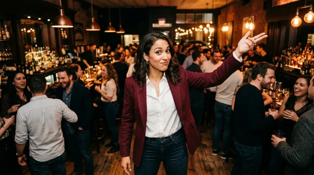 Femme en blazer bordeaux animant une réception professionnelle
