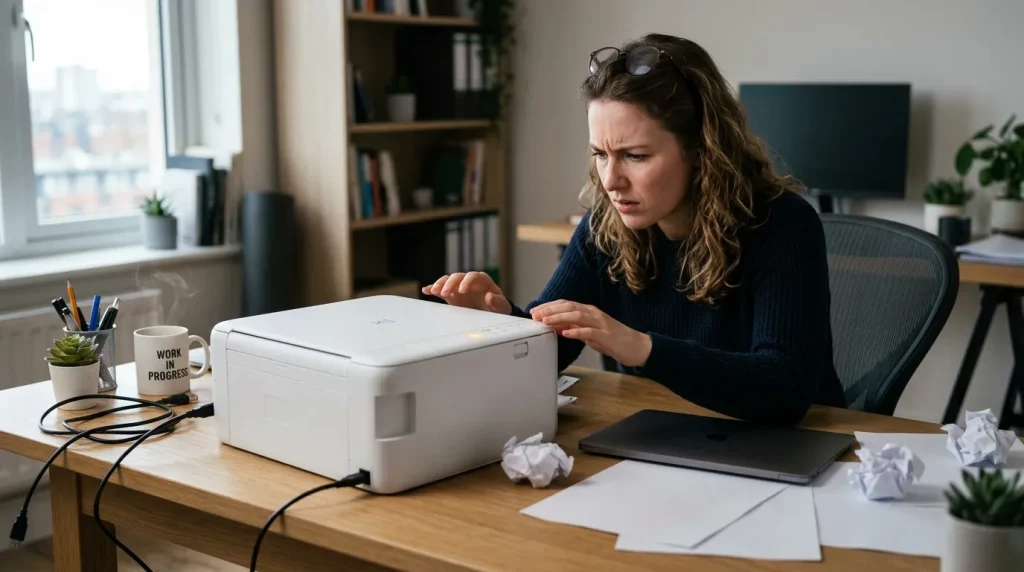 Femme au bureau utilisant une imprimante blanche