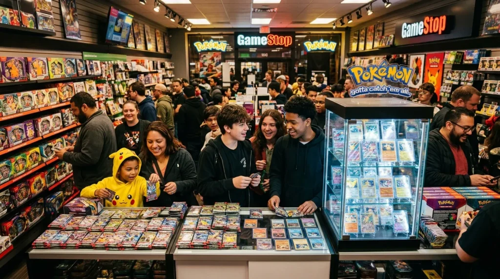 Clients enthousiastes dans un magasin GameStop rempli de cartes Pokémon