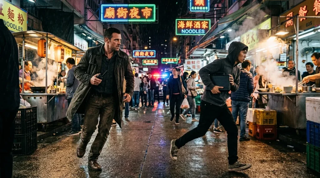 Deux hommes courent dans marché nuit Hong Kong illuminé