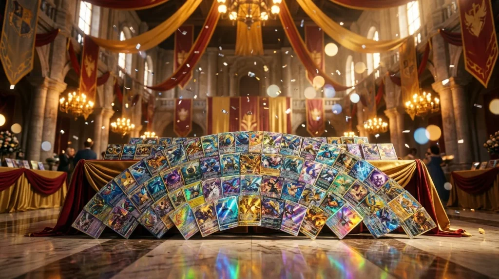 Collection de cartes Pokémon rares exposées dans une salle royale dorée.