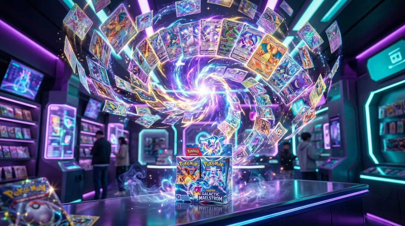 Boutique Pokémon futuriste avec cartes flottantes et néons violets