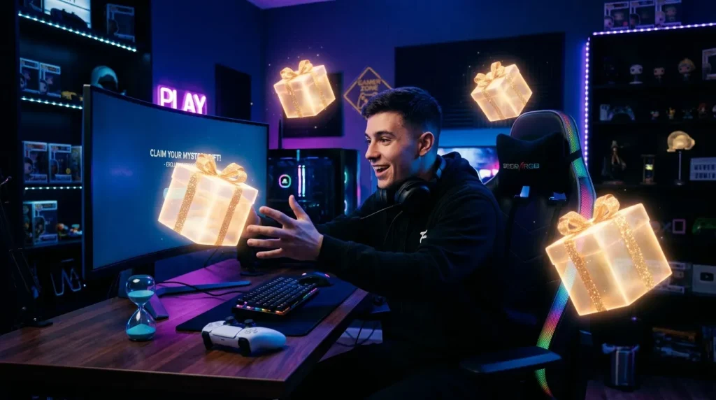 Homme à son bureau gaming entouré de cadeaux lumineux neon