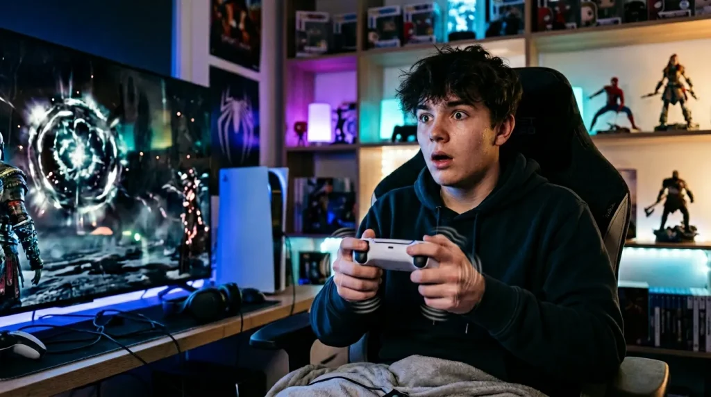 Jeune homme jouant aux jeux vidéo dans sa chambre gaming