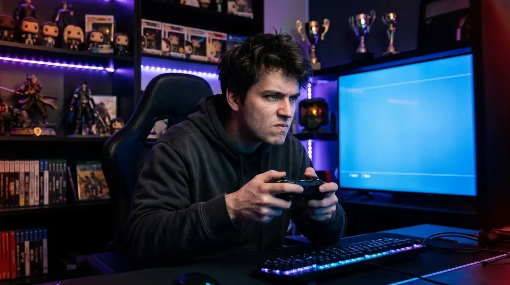 Jeune homme jouant aux jeux vidéo dans une pièce illuminée