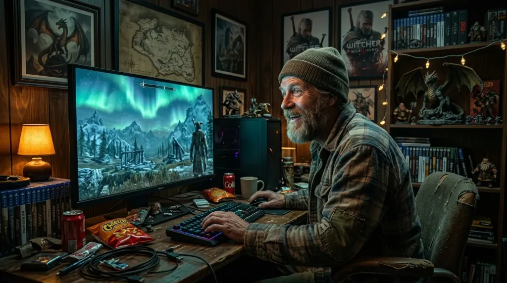 Homme barbu jouant aux jeux vidéo dans un bureau thématisé