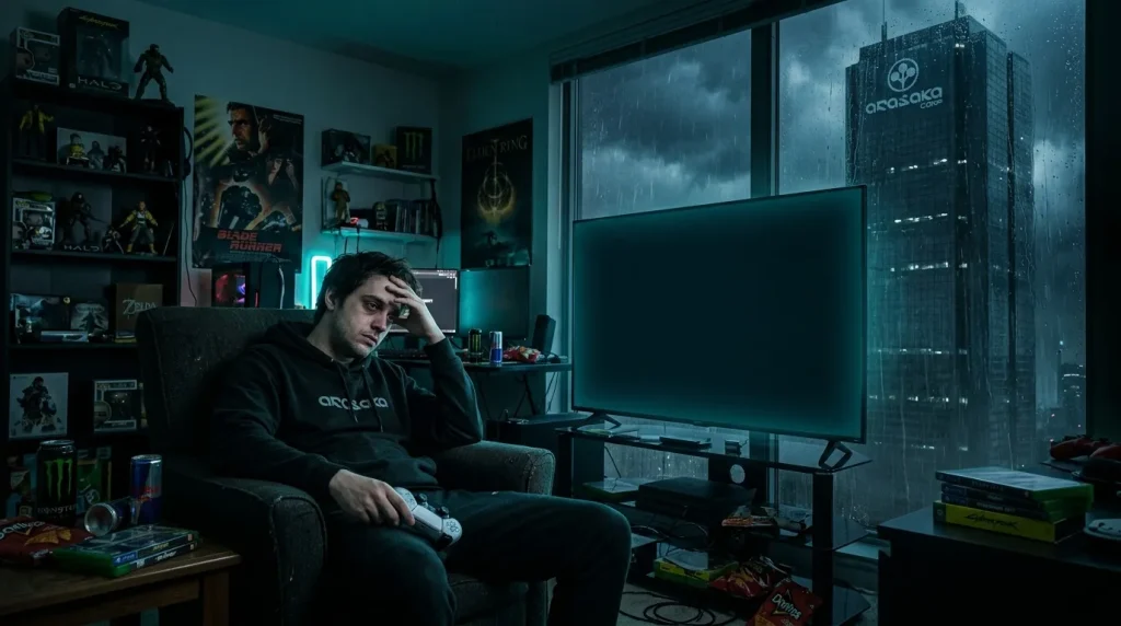 Jeune homme dans chambre gaming sombre, console à la main