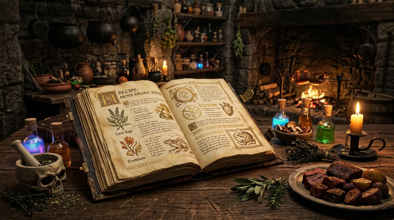 Ancien grimoire ouvert avec potions et ingrédients alchimiques