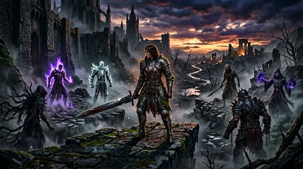 Guerrier armé entouré de créatures magiques dans ruines gothiques