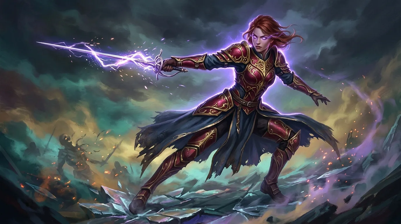 Femme guerrière en armure dorée lançant éclair violet magique