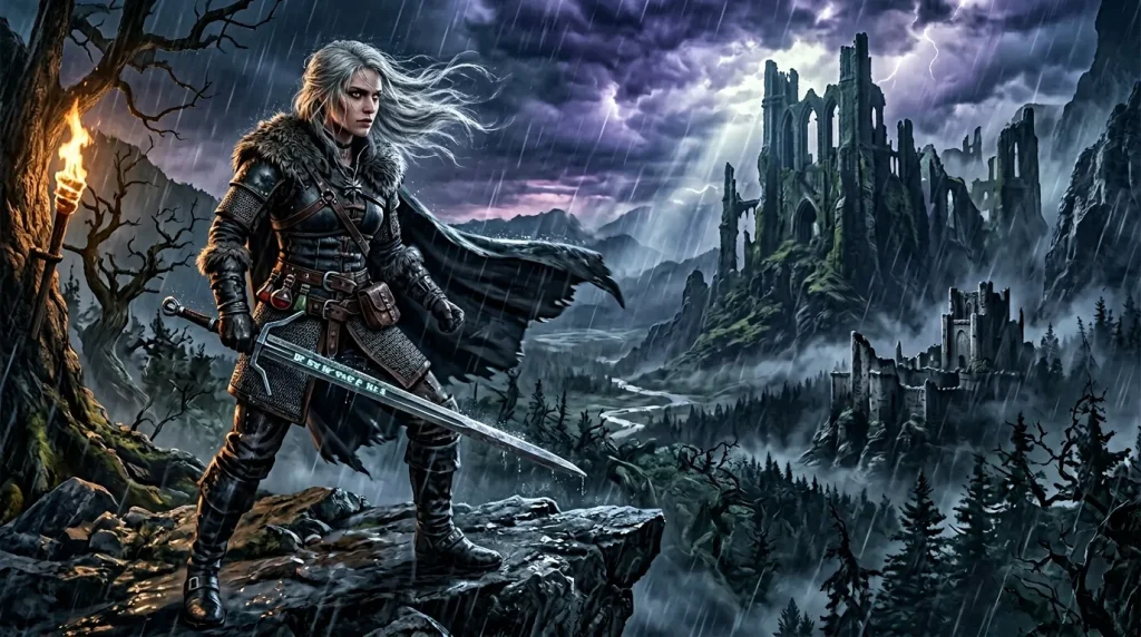 Femme guerrière en armure tenant épée face aux ruines