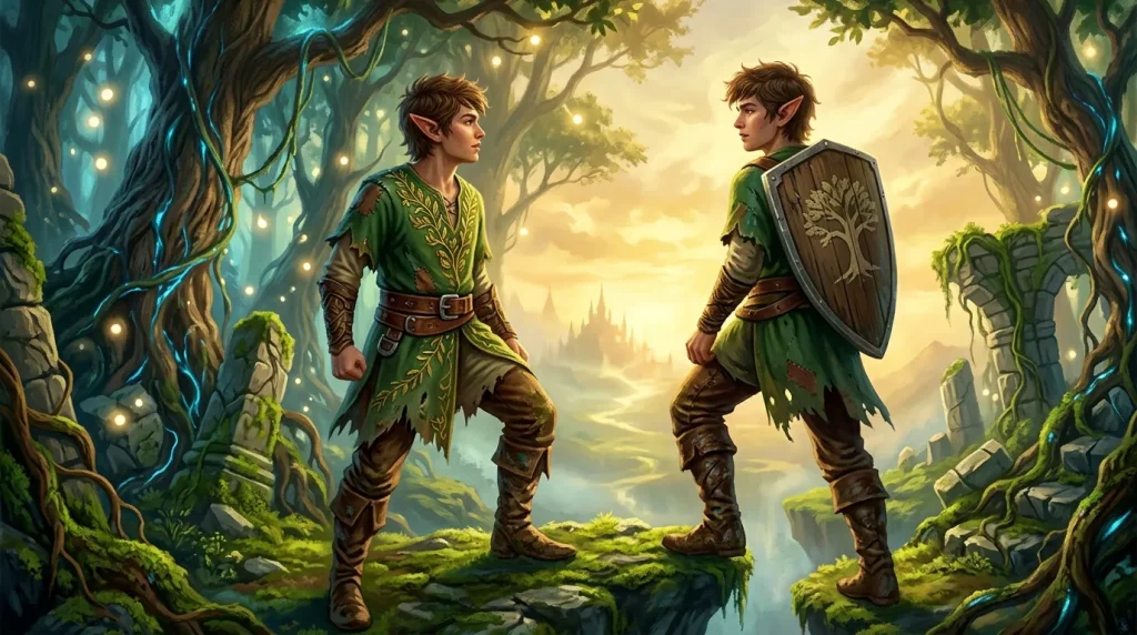Deux elfes guerriers se confrontent dans une forêt enchantée lumineuse